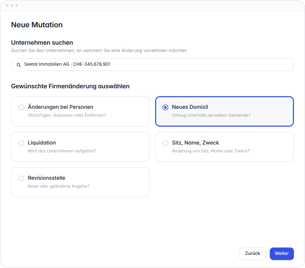 Hoop Mutation, Schritt 1: Unternehmen gesucht und Änderungsart Neues Domizil ausgewählt