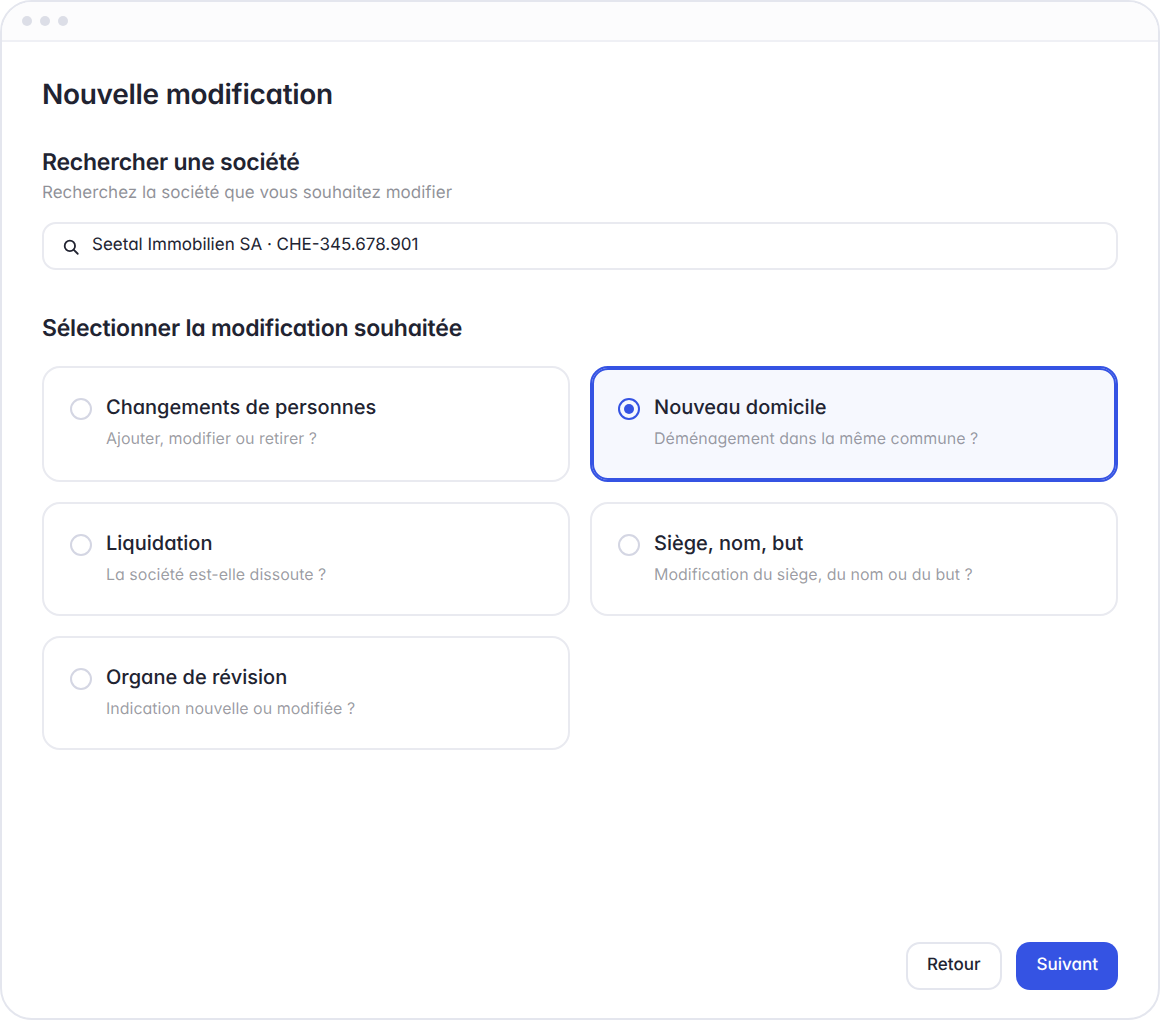 Modification Hoop, étape 1 : société recherchée et type de changement Nouveau siège sélectionné