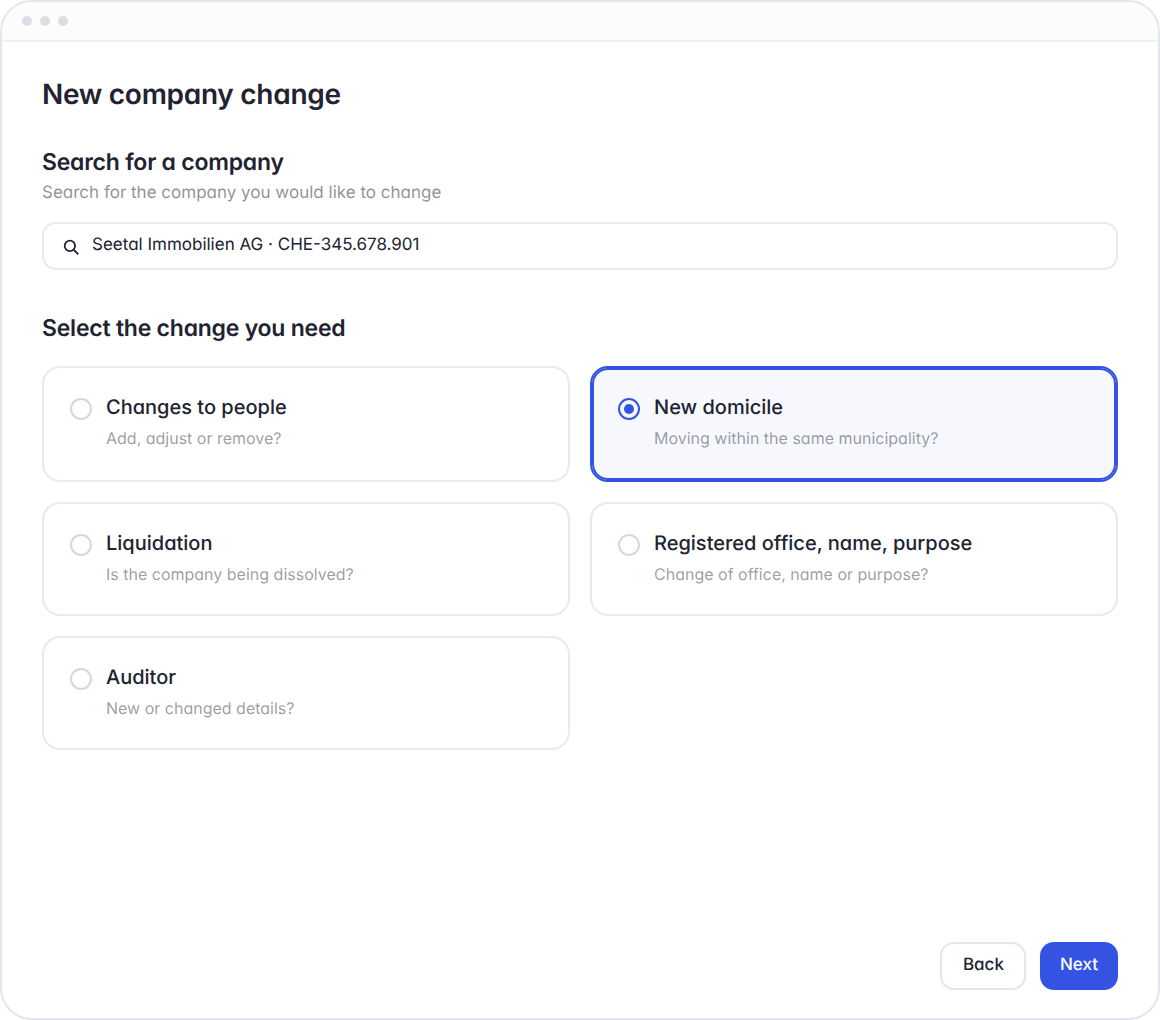 Hoop company change, step 1: company searched and change type New registered office selected
