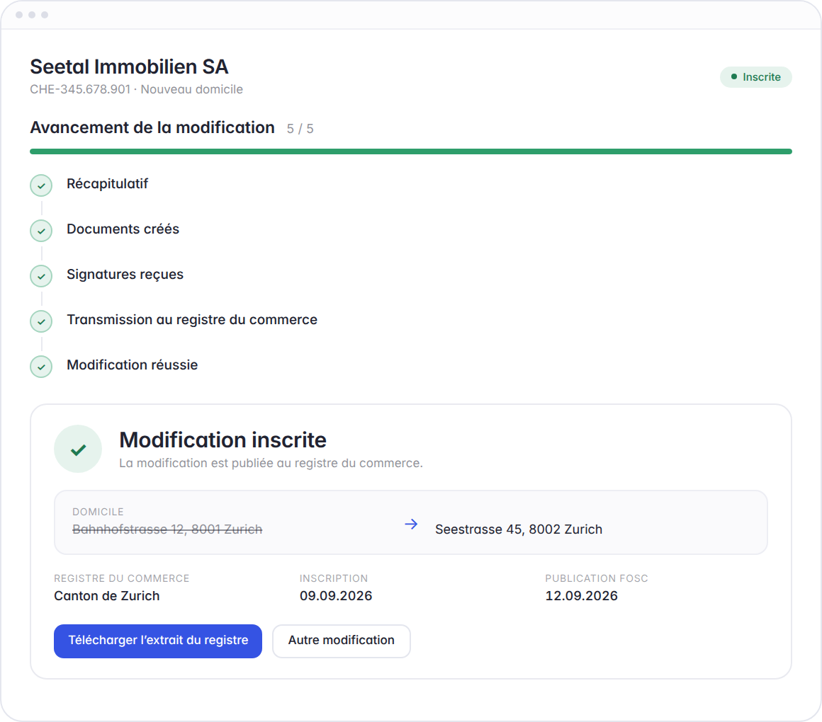 Hoop : modification inscrite au registre du commerce – ancien et nouveau siège, date d'inscription et publication FOSC