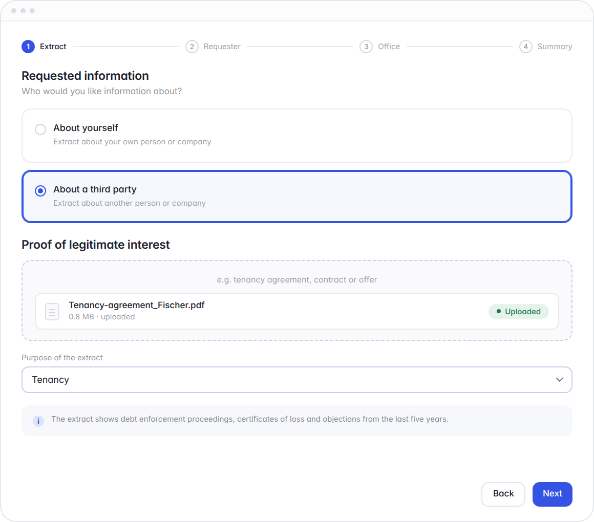 Hoop debt enforcement extract, step 1: request about a third party with proof of legitimate interest and purpose of the request
