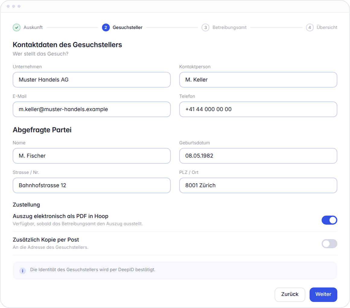 Hoop Betreibungsauszug, Schritt 2: Gesuchsteller und abgefragte Person erfassen, Zustellung als PDF, Identifikation via DeepID