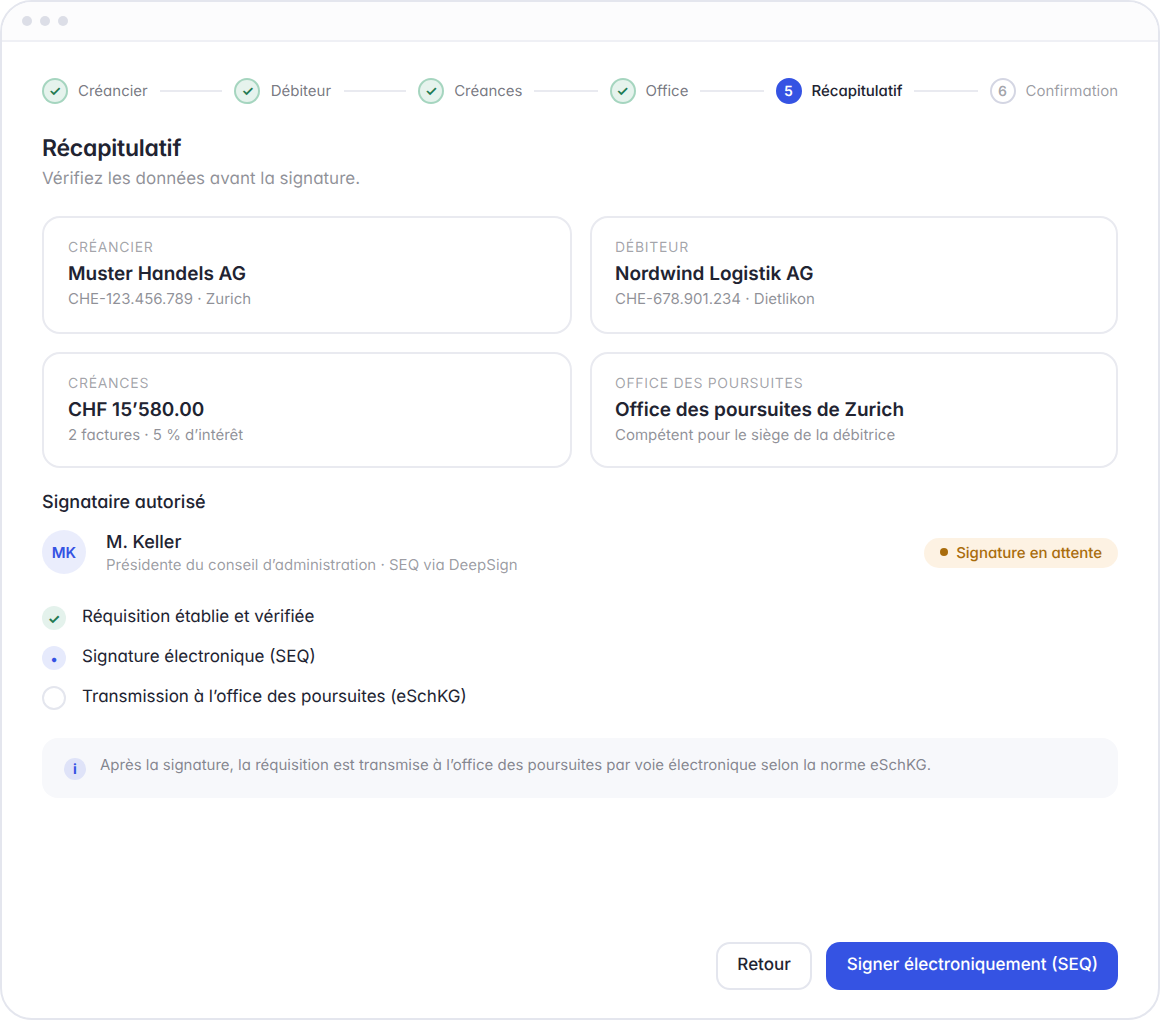 Réquisition de poursuite Hoop, récapitulatif : créancier, débiteur, créances et office des poursuites – signature électronique et transmission eLP