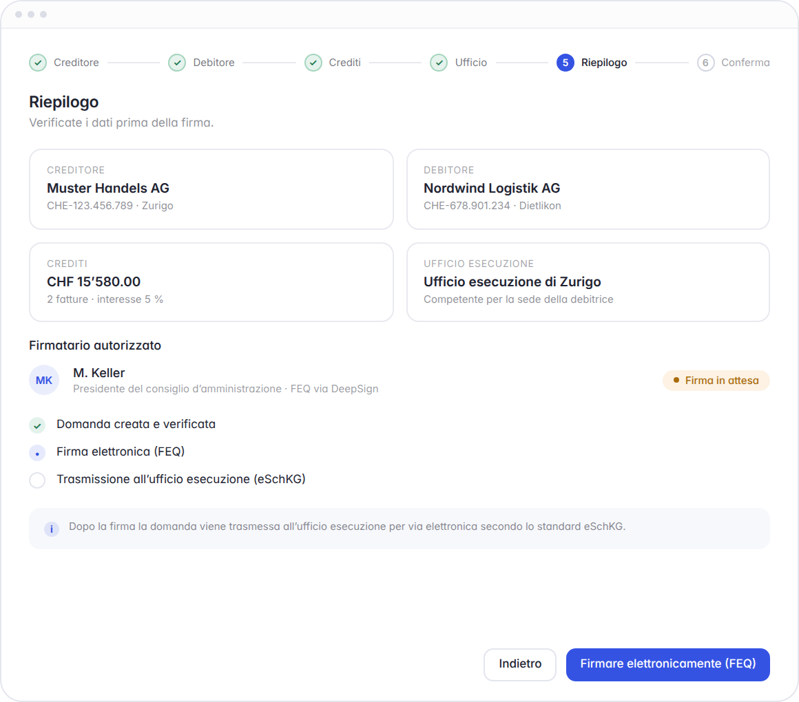 Domanda d'esecuzione Hoop, riepilogo: creditore, debitore, crediti e ufficio d'esecuzione – firma elettronica e trasmissione eLEF