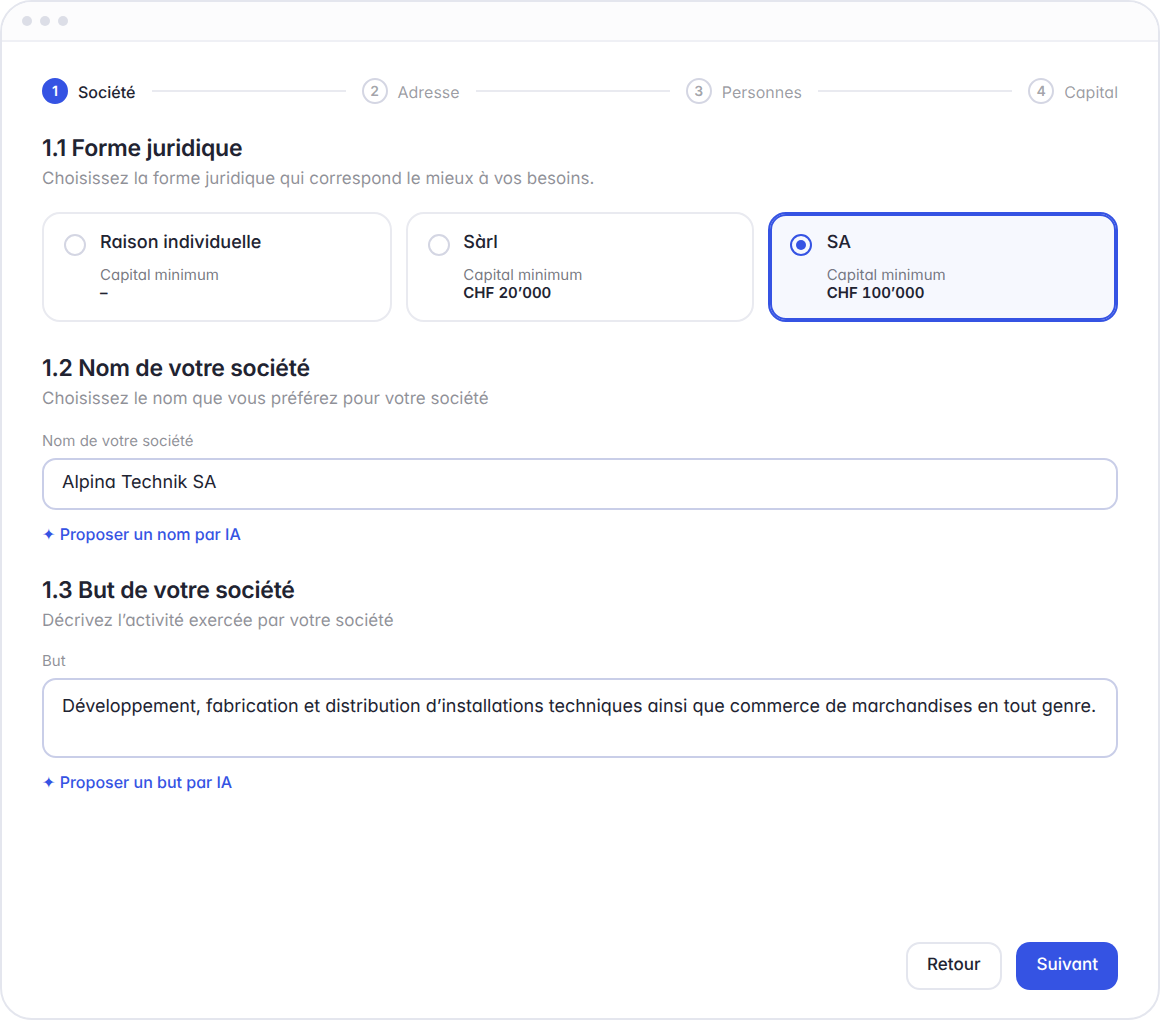 Assistant de création Hoop, étape 1 : forme juridique SA choisie, raison sociale et but de la société saisis