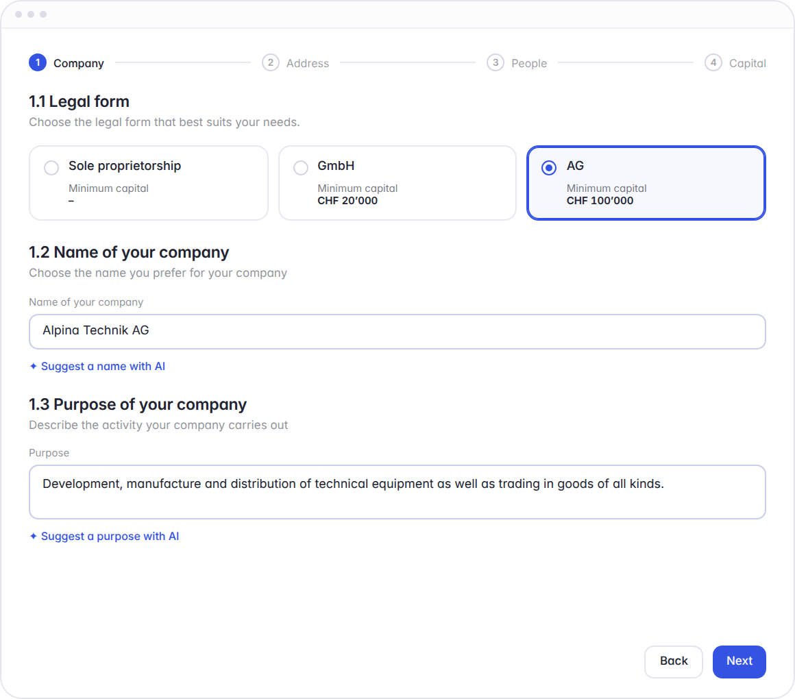 Hoop incorporation wizard, step 1: legal form AG selected, company name and purpose entered