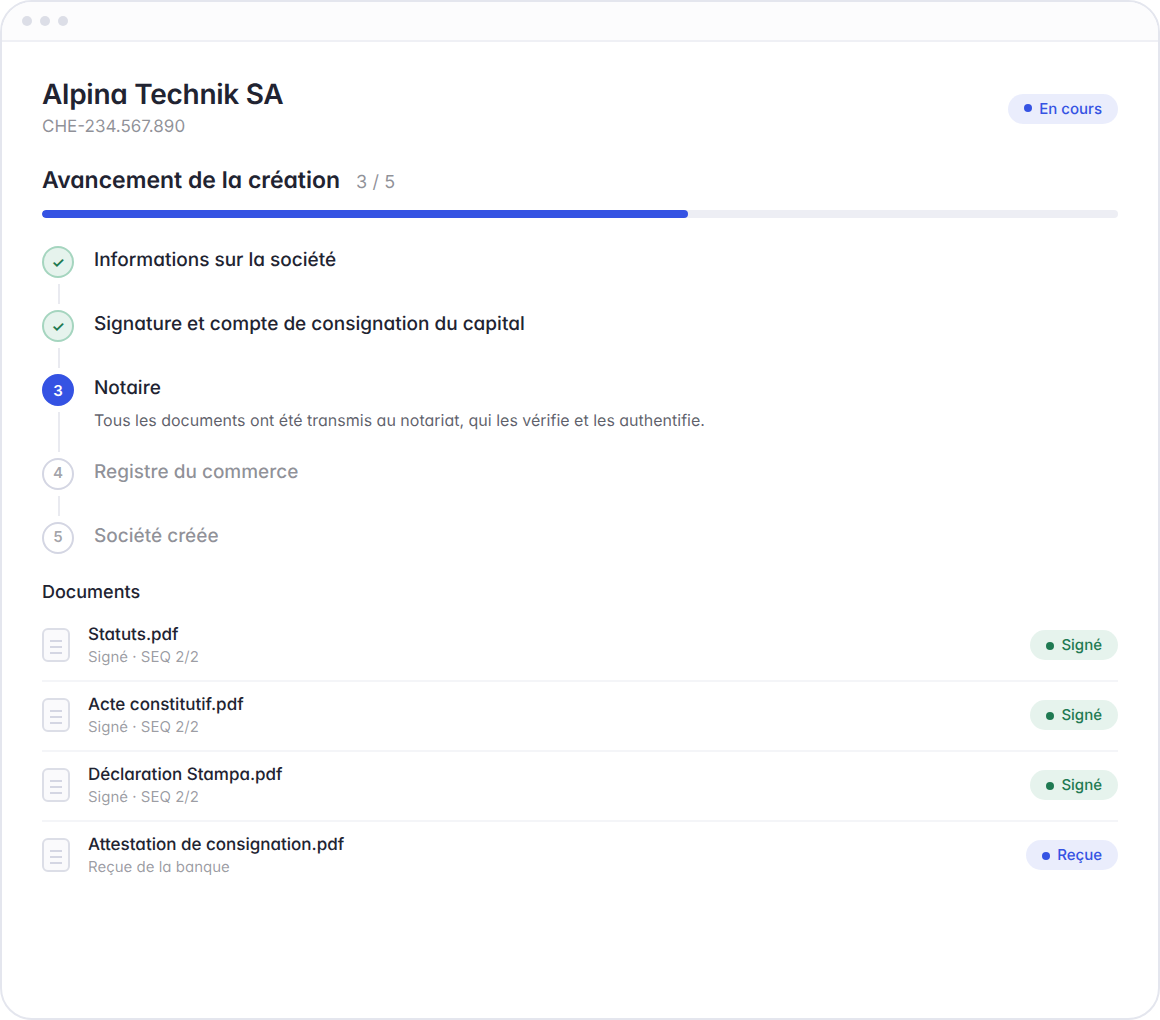 Progression de la création Hoop 3 sur 5 : documents signés électroniquement (SEQ), capital libéré confirmé, notaire en cours