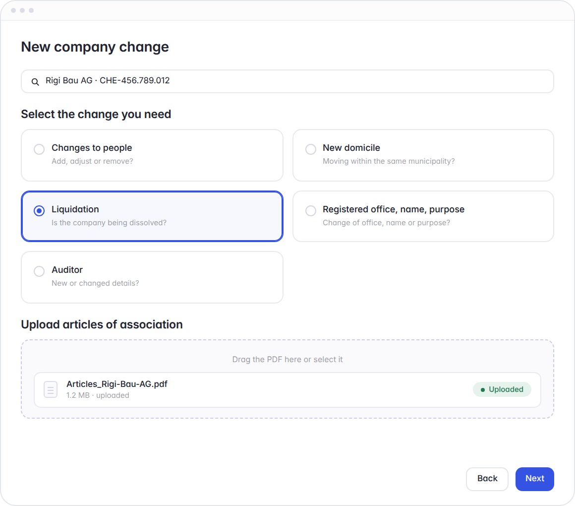 Hoop liquidation, step 1: change type Liquidation selected and current articles of association uploaded