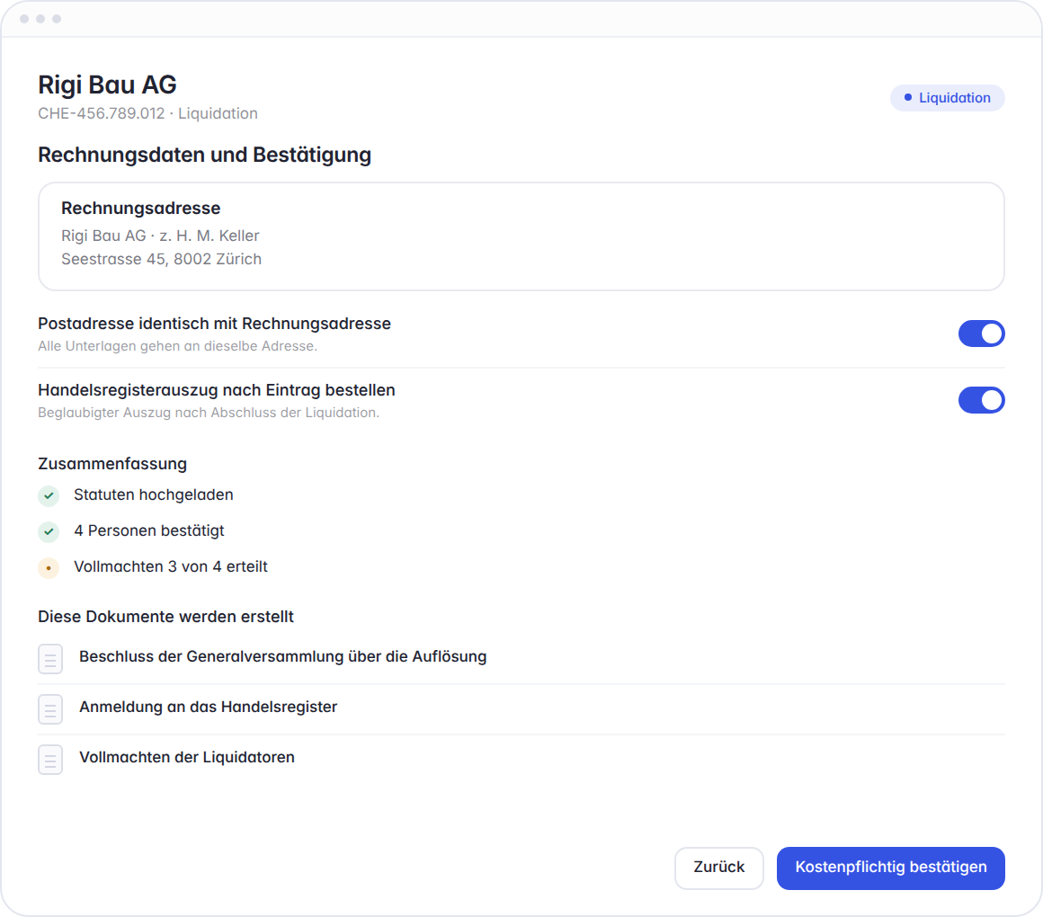 Hoop Liquidation, Schritt 3: Rechnungsadresse, Zusammenfassung und zu erstellende Dokumente vor der kostenpflichtigen Bestätigung