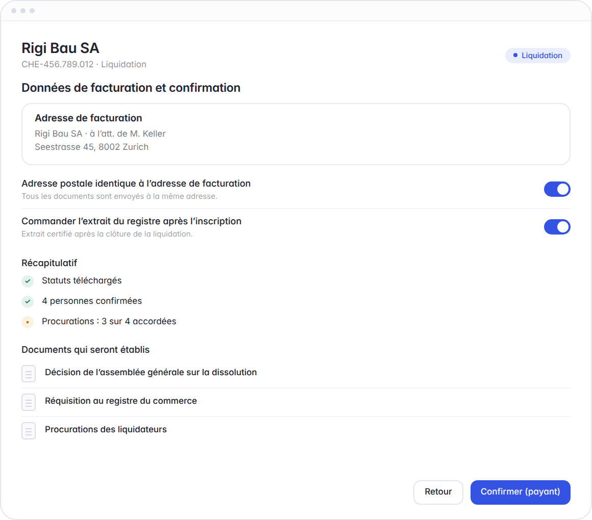 Liquidation Hoop, étape 3 : adresse de facturation, récapitulatif et documents à établir avant la confirmation payante