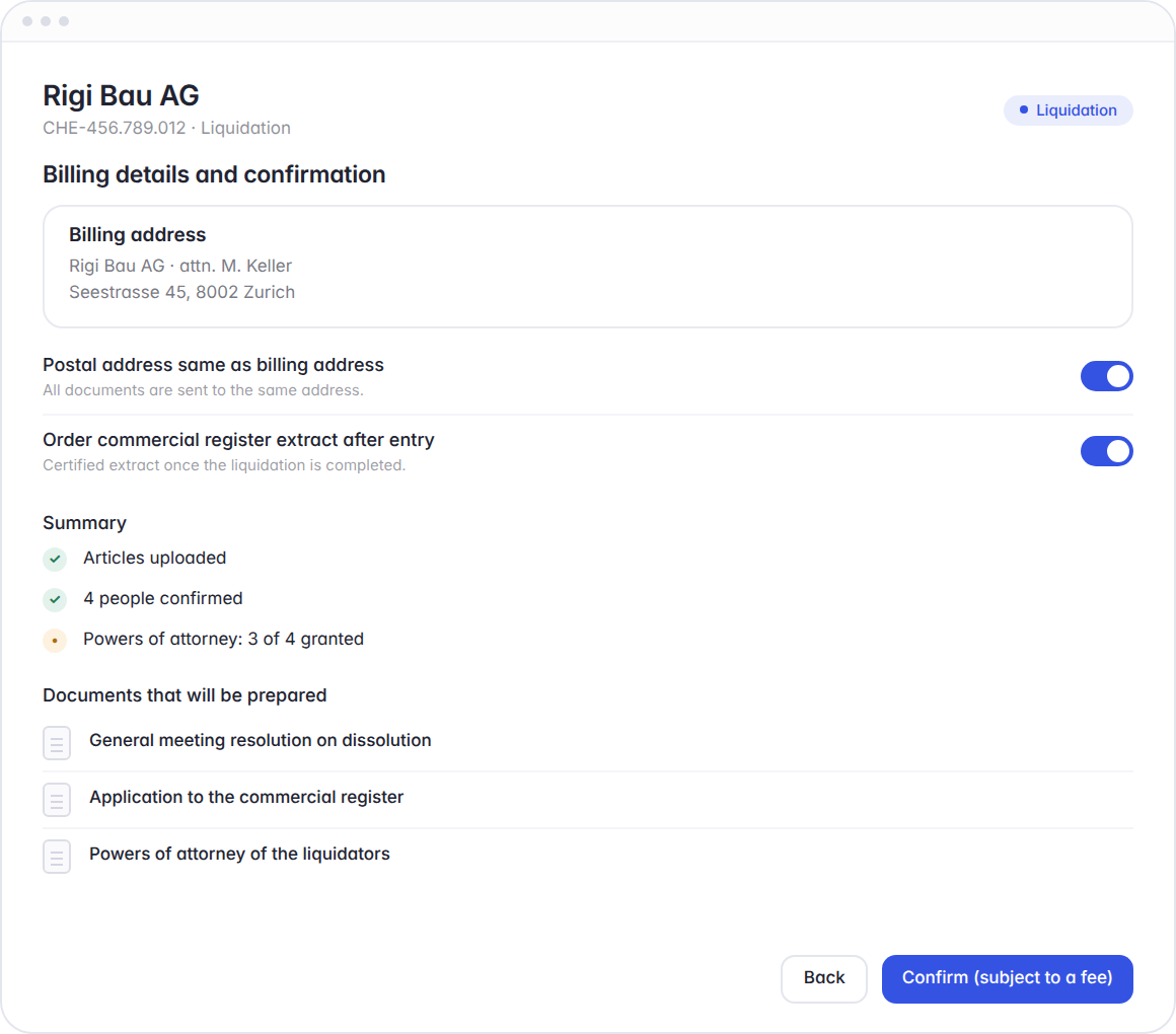 Hoop liquidation, step 3: billing address, summary and documents to be prepared before the paid confirmation